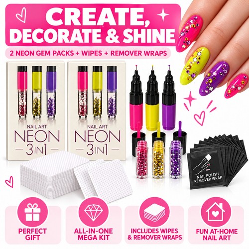 Neon nail art pens gem - gem, set